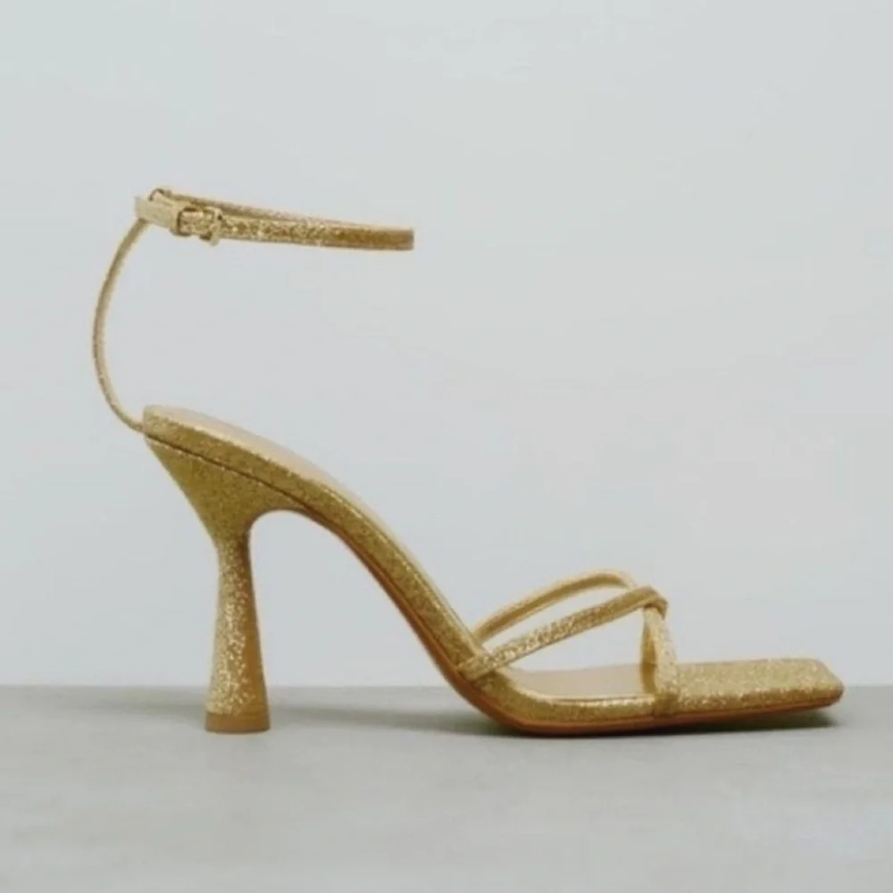 Zara Metallic Gold Cross Band Ankle Strap Sandal - Picture 6 of 8